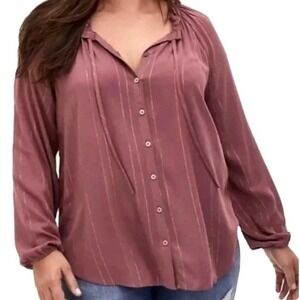 TORRID Womens 3X Mauve Purple Metallic Stripe Ruffle Neck Tie Front Tunic Blouse